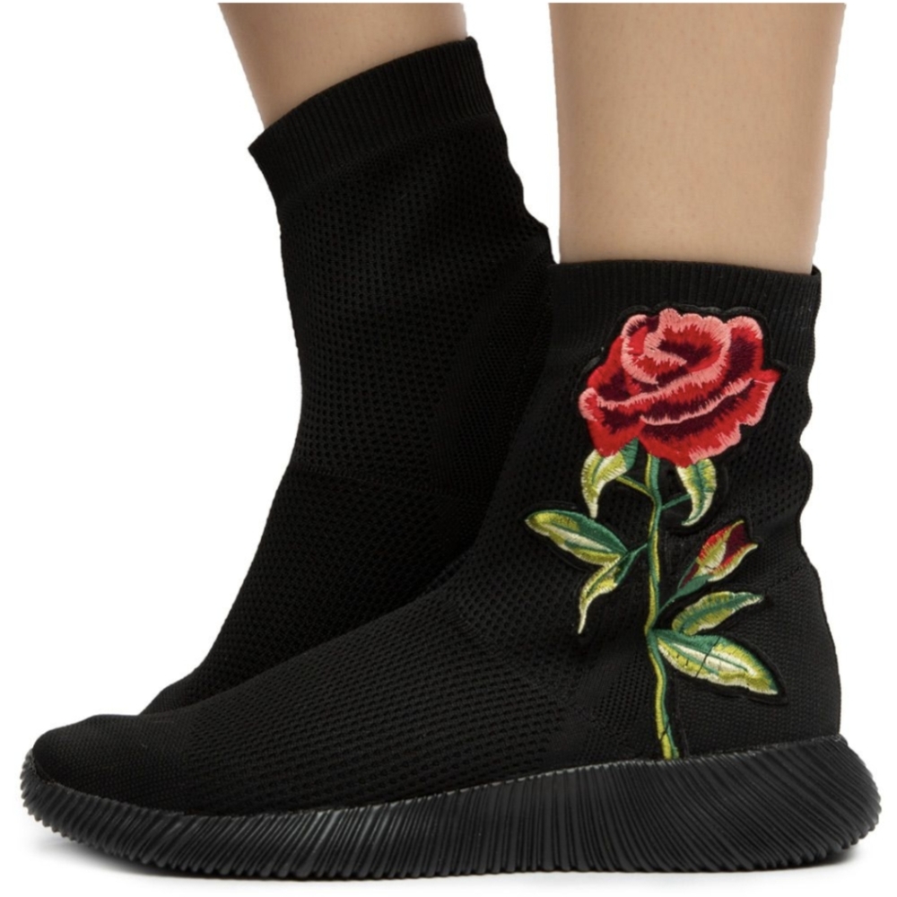Liliana Rose🌹Sock Boot Embroidered Floral Black Knit Bootie
